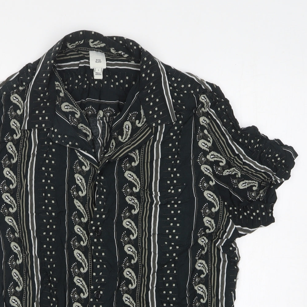 River Island Womens Black Floral Viscose Basic Button-Up Size L Collared