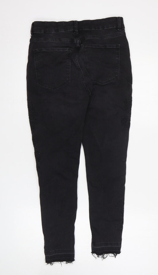 Marks and Spencer Womens Black Floral Cotton Skinny Jeans Size 12 L25 in Regular Zip