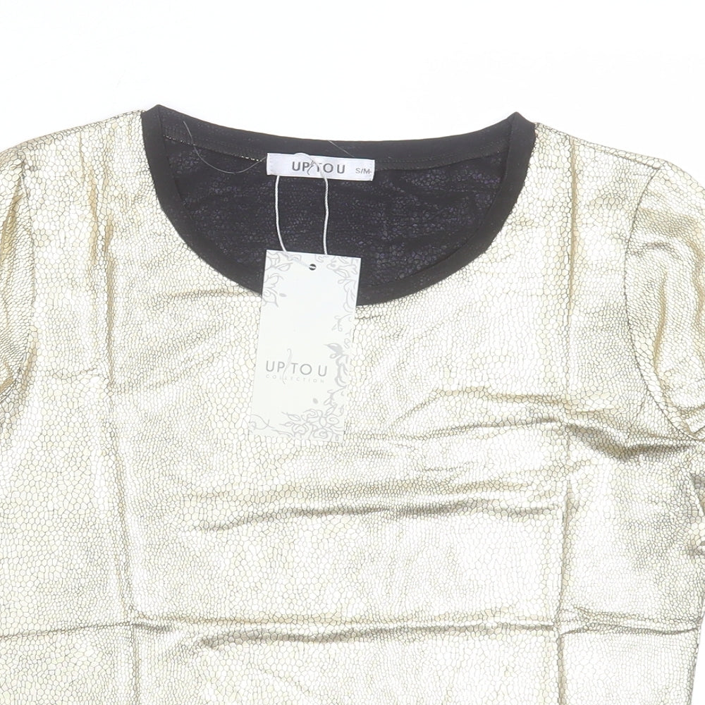 Up Tou Collection Womens Gold Polyester Basic T-Shirt Size S Crew Neck