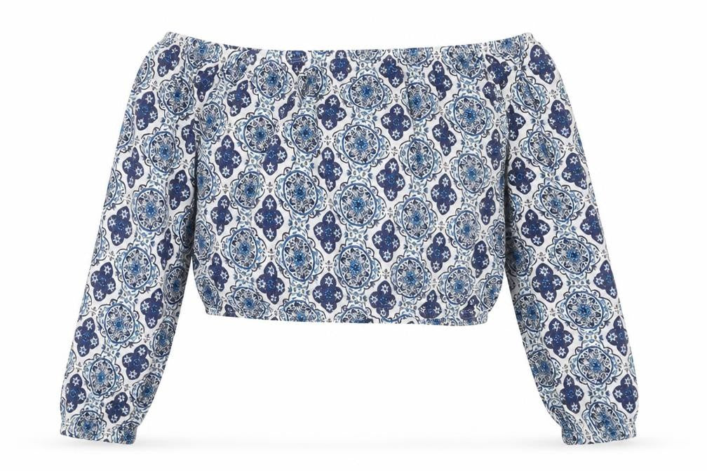 H&M Womens Blue Paisley Viscose Cropped T-Shirt Size L Off the Shoulder