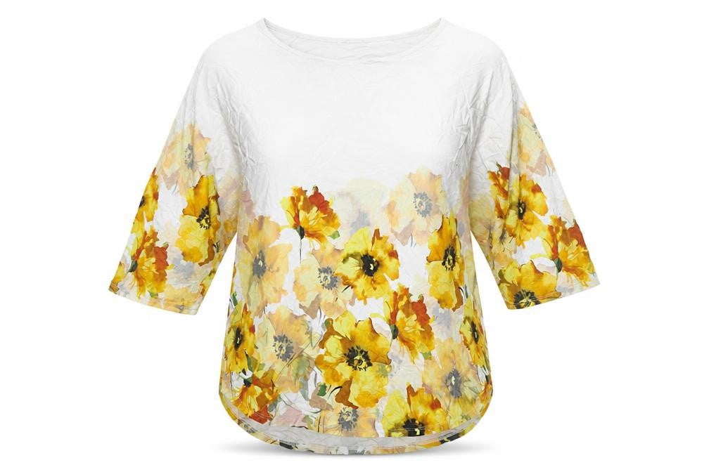 Roman Womens White Floral Polyester Basic T-Shirt Size 12 Round Neck