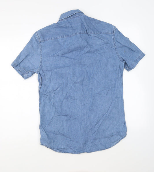 Marks and Spencer Mens Blue Cotton Button-Up Size S Collared Button