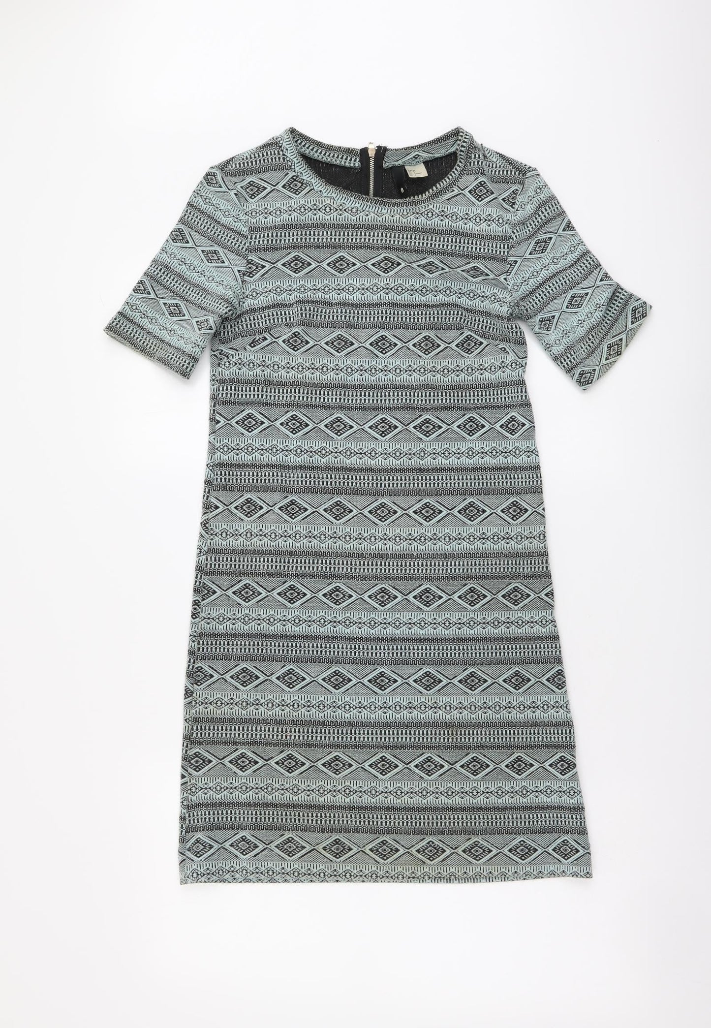 H&M Womens Green Geometric Polyester A-Line Size XS Round Neck Zip