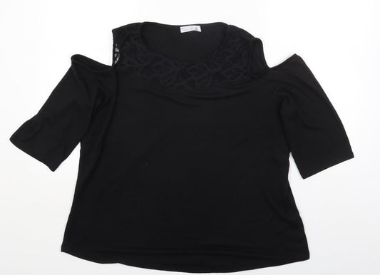 89th & Madison Womens Black Polyester Basic T-Shirt Size XL Round Neck - Cold Shoulder Lace detail