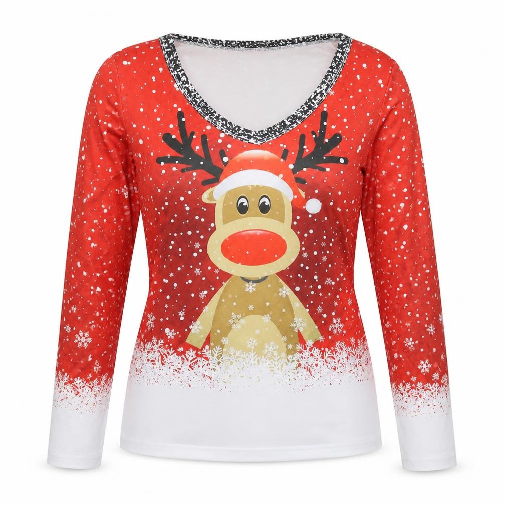 ChicMe Womens Multicoloured Cotton Basic T-Shirt Size M V-Neck - Reindeer