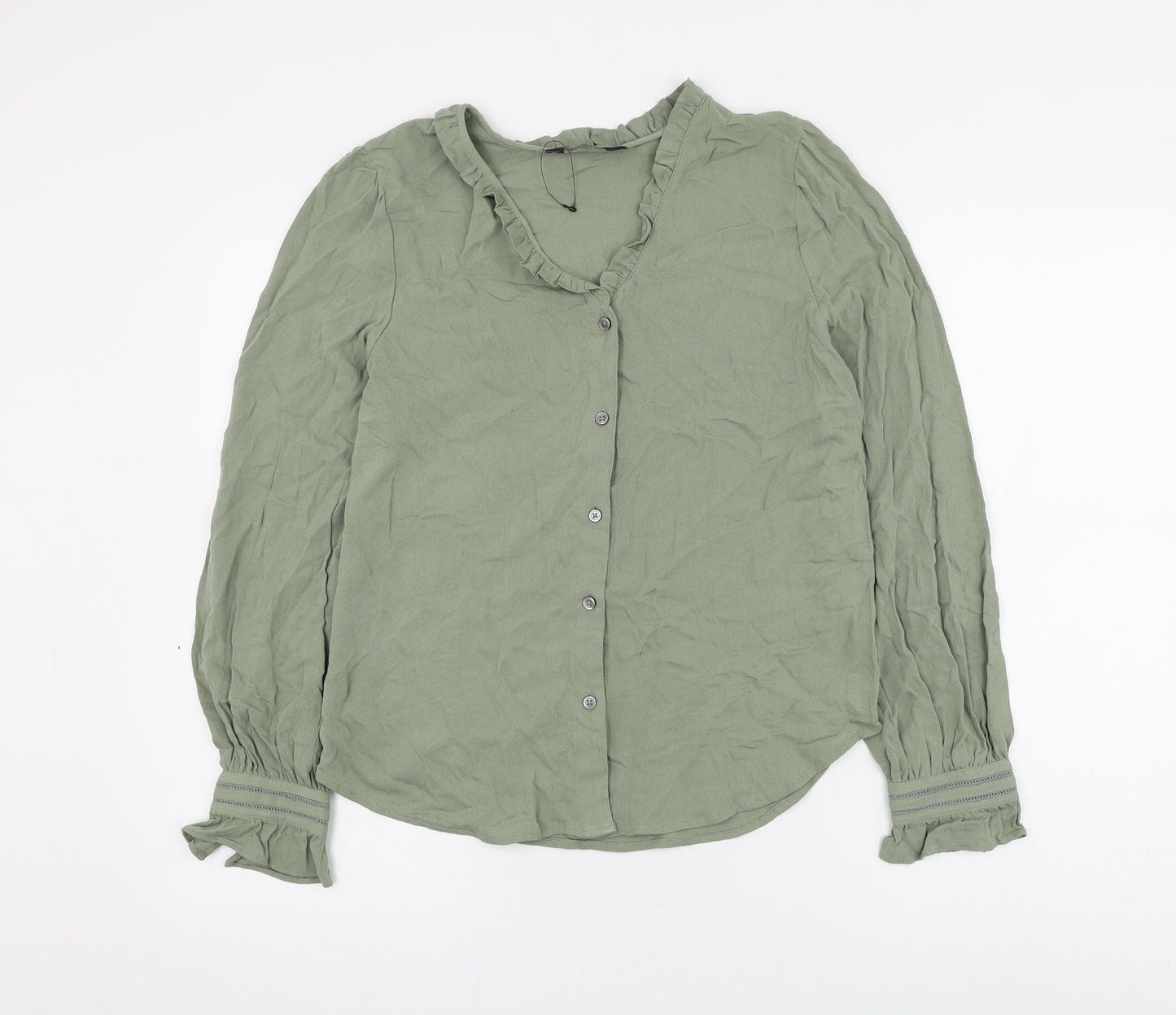 Marks and Spencer Womens Green Viscose Basic Button-Up Size 6 V-Neck