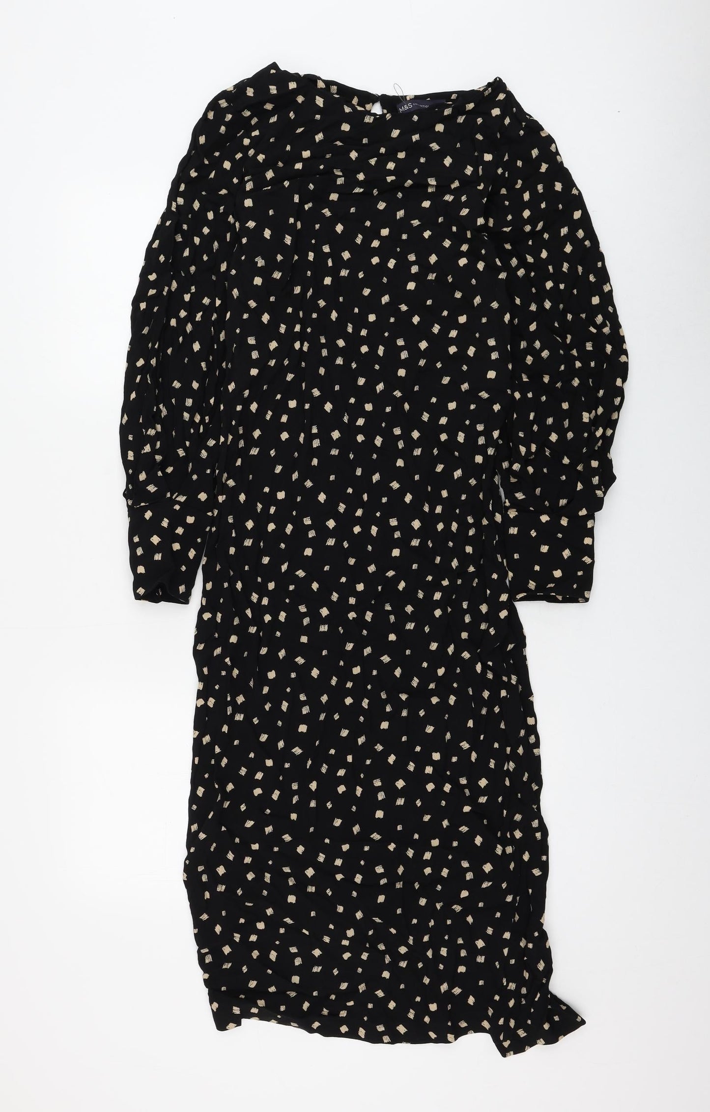 Marks and Spencer Womens Black Geometric Viscose A-Line Size 6 Round Neck Button