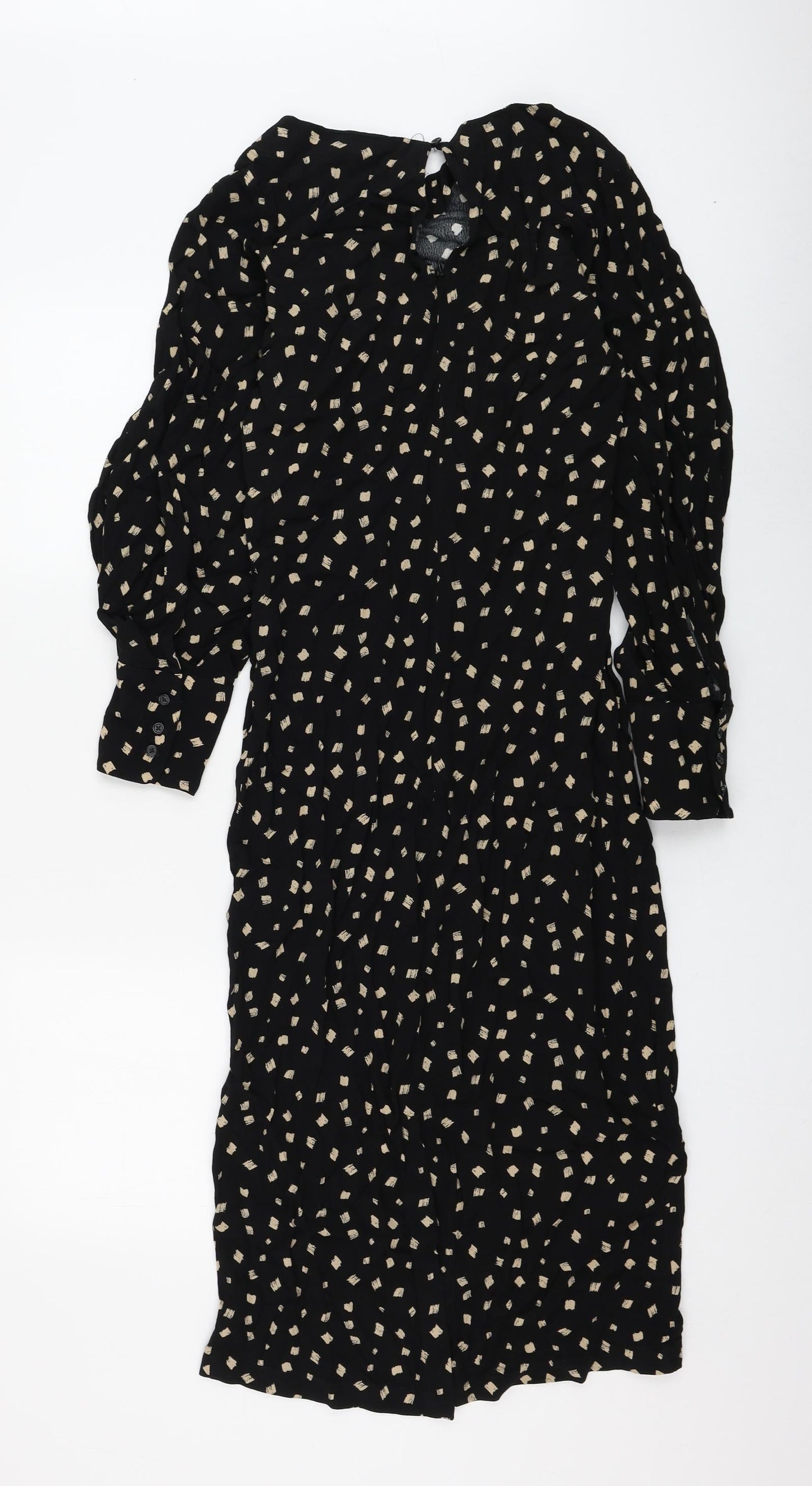 Marks and Spencer Womens Black Geometric Viscose A-Line Size 6 Round Neck Button