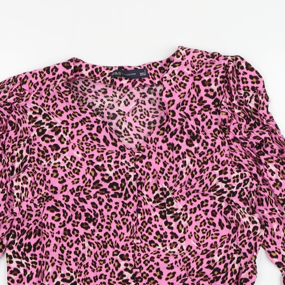 Marks and Spencer Womens Pink Animal Print Viscose Basic Button-Up Size 6 V-Neck - Leopard Print