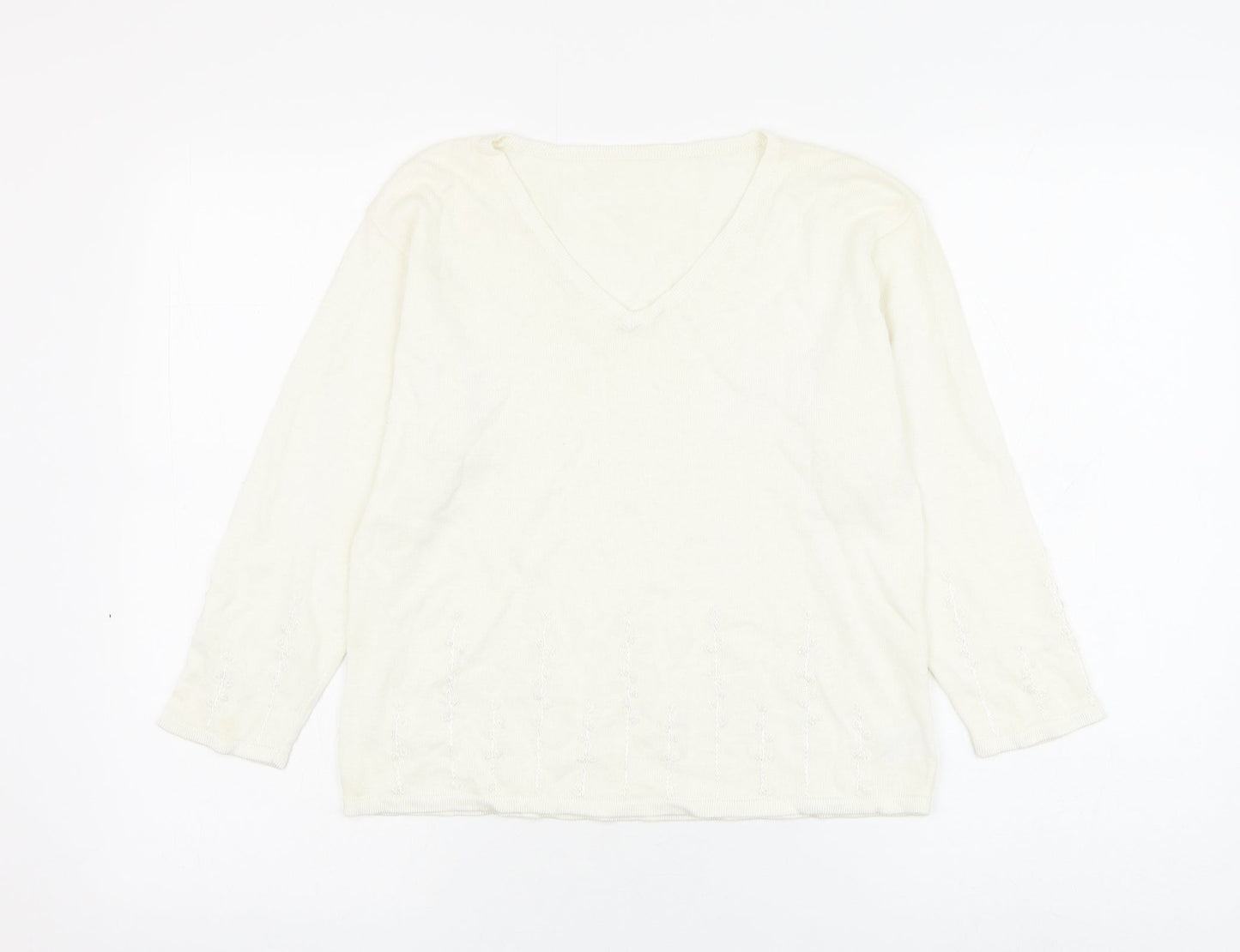 Preworn Womens White V-Neck Ramie Pullover Jumper Size M - Flower