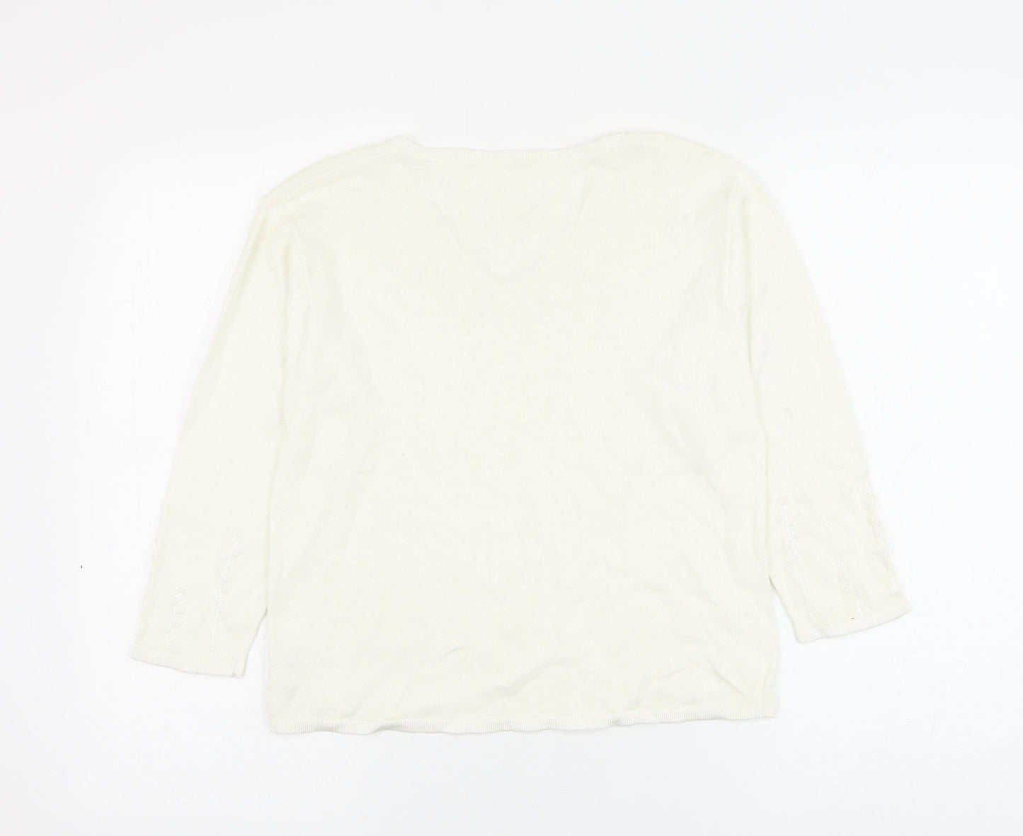 Preworn Womens White V-Neck Ramie Pullover Jumper Size M - Flower