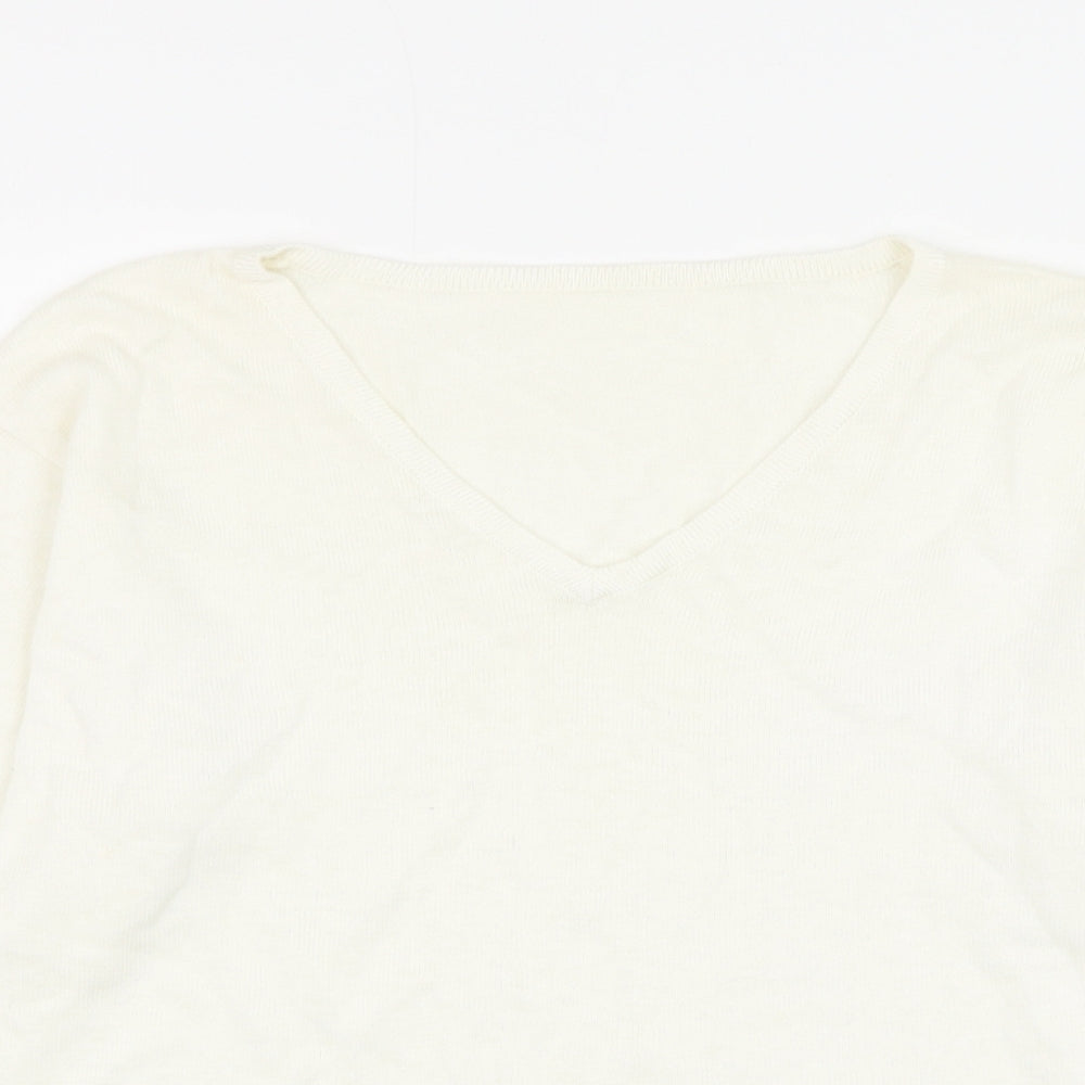 Preworn Womens White V-Neck Ramie Pullover Jumper Size M - Flower