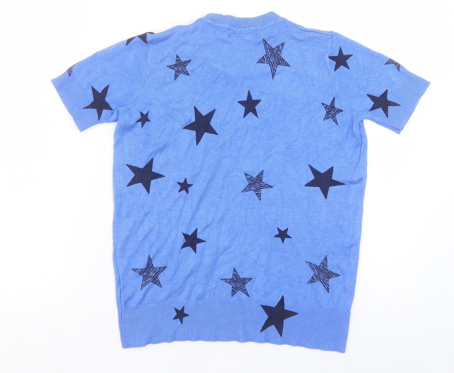 Marks and Spencer Womens Blue Geometric Viscose Basic T-Shirt Size 8 Crew Neck