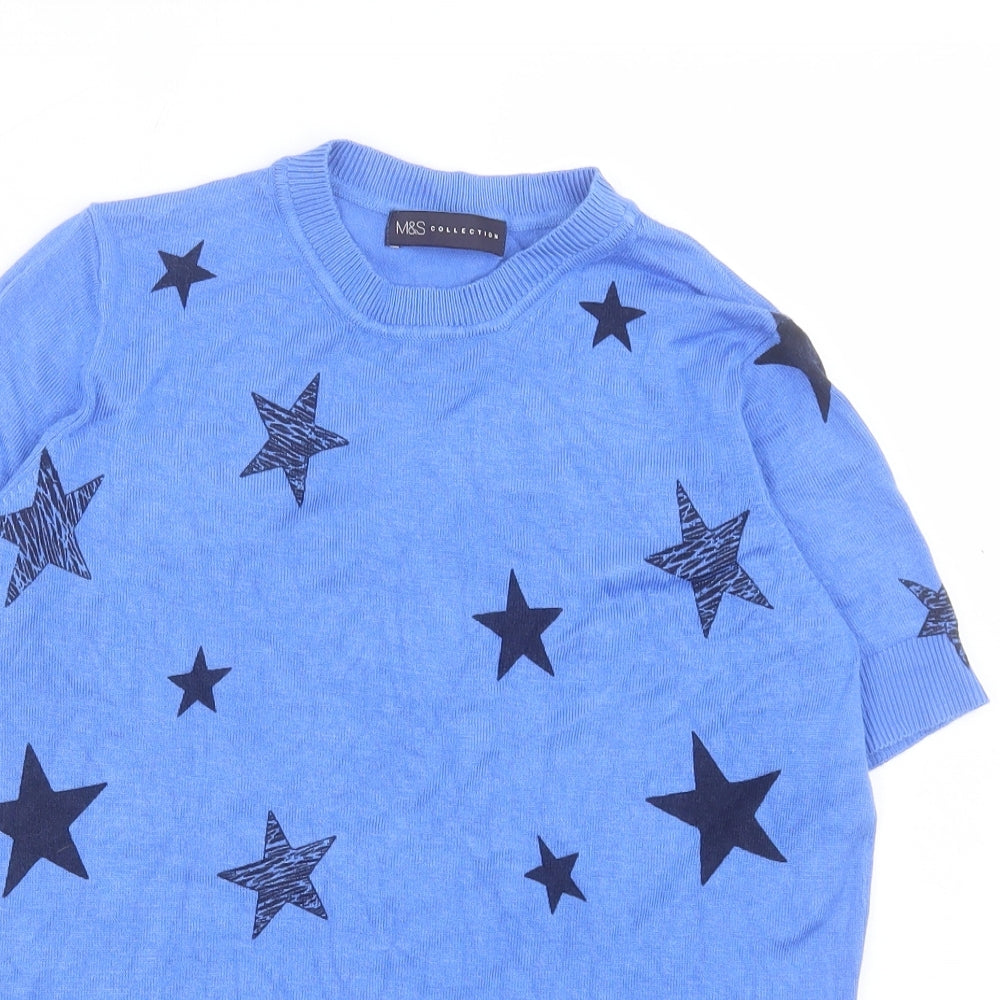 Marks and Spencer Womens Blue Geometric Viscose Basic T-Shirt Size 8 Crew Neck