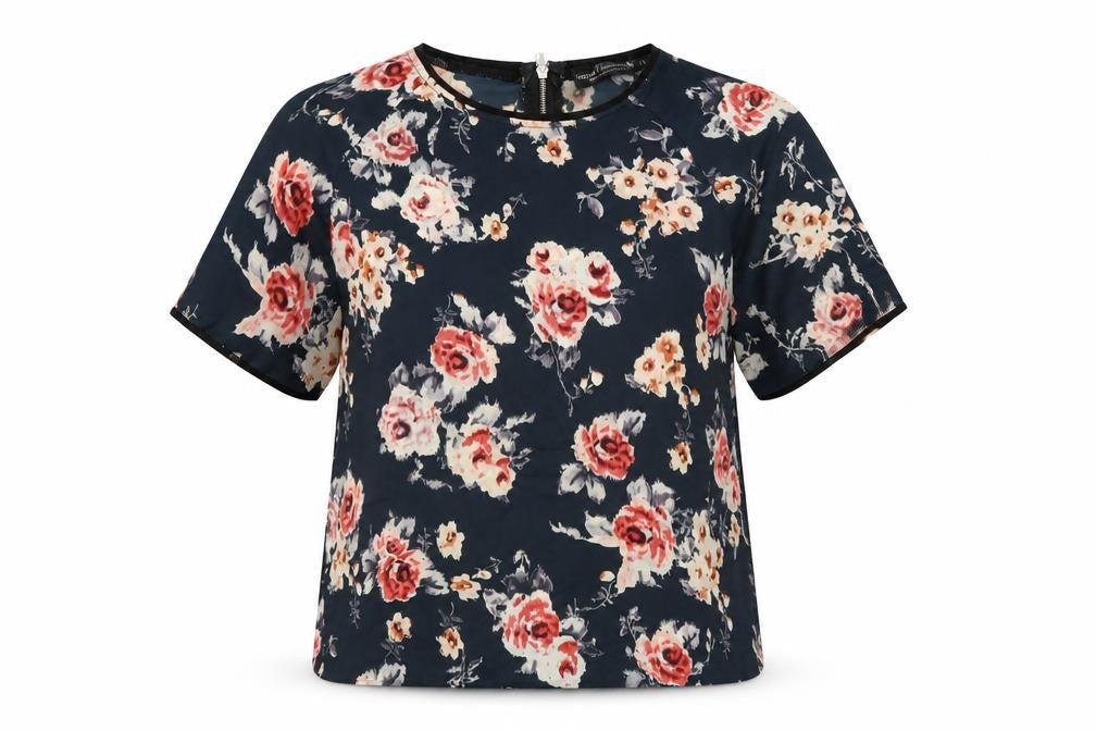 Cherry Couture Womens Blue Floral Polyester Basic Blouse Size S Round Neck
