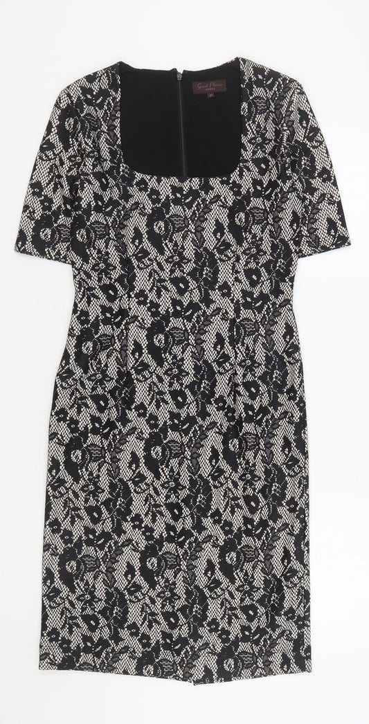 Great Plains Womens Black Floral Polyester Bodycon Size XS Scoop Neck Zip
