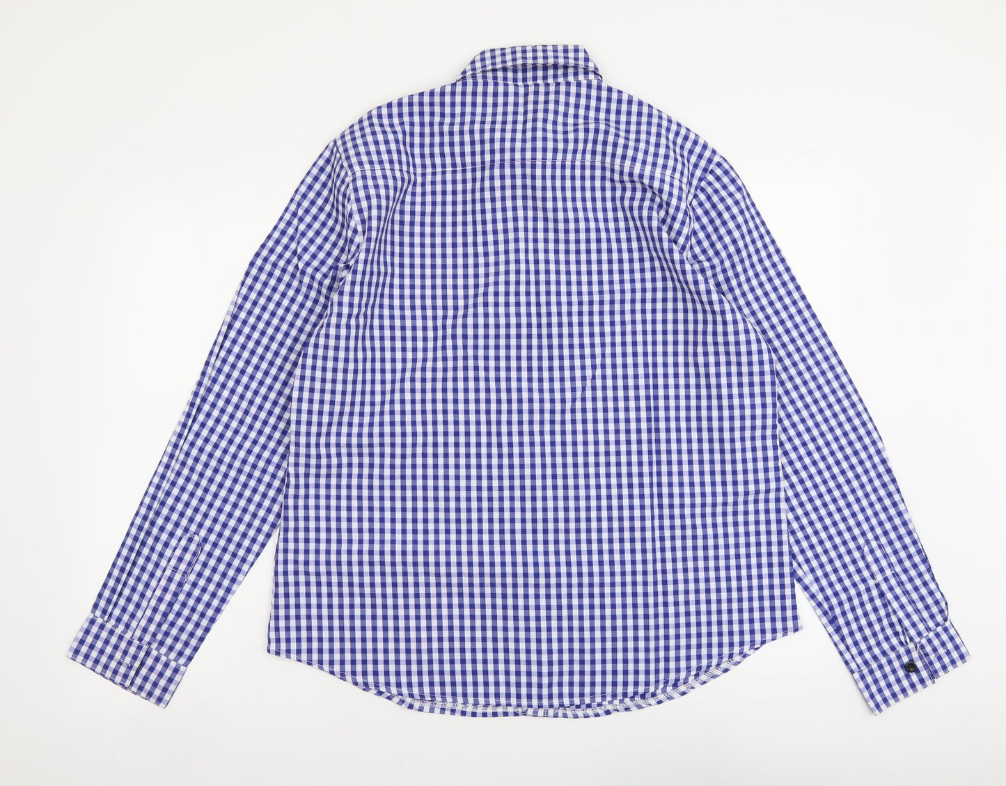 O-Riya Xuan Mens Blue Check Polyester Button-Up Size XL Collared Button