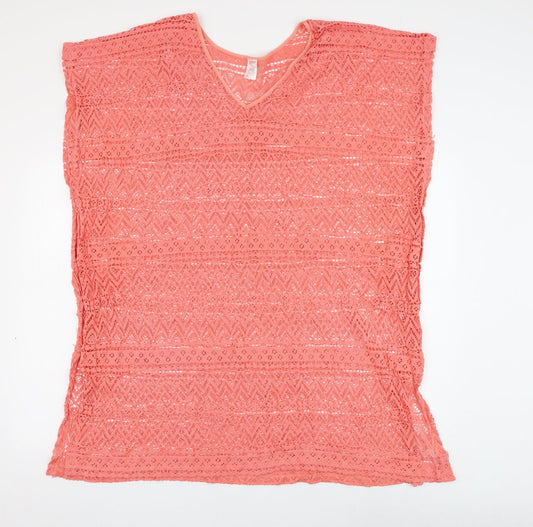 Simply Yours Womens Pink Geometric Cotton Shift Size 12 V-Neck Pullover - Beach Cover