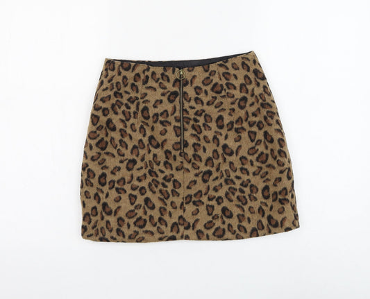 Topshop Womens Brown Animal Print Polyester Mini Skirt Size 8 Zip