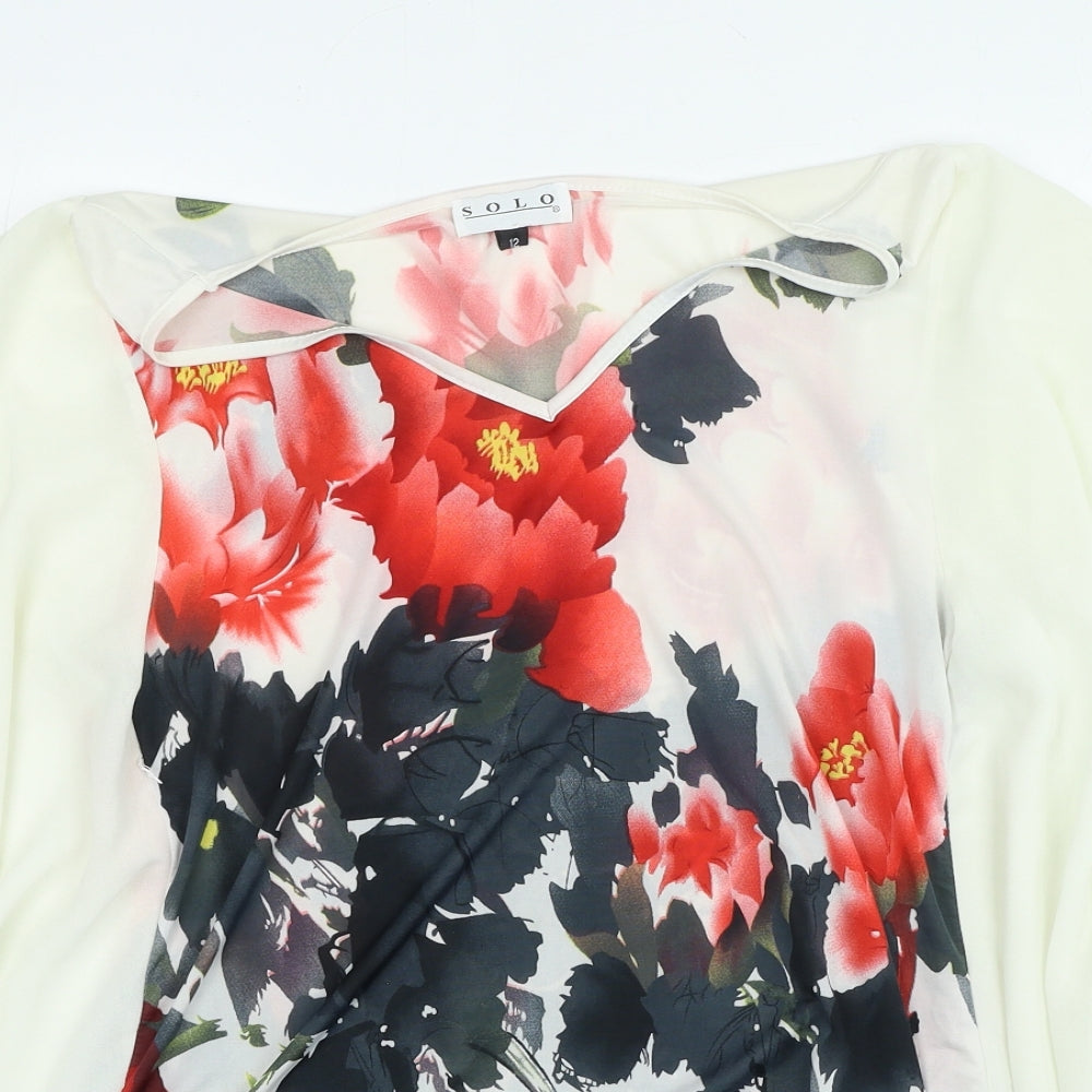 Solo Womens Ivory Floral Polyester Basic Blouse Size 12 V-Neck