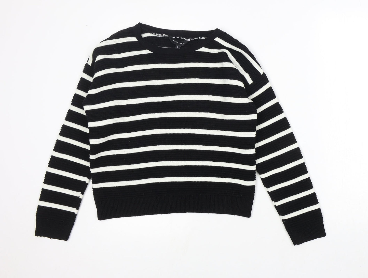 New Look Womens Black Round Neck Striped Acrylic Pullover Jumper Size 8