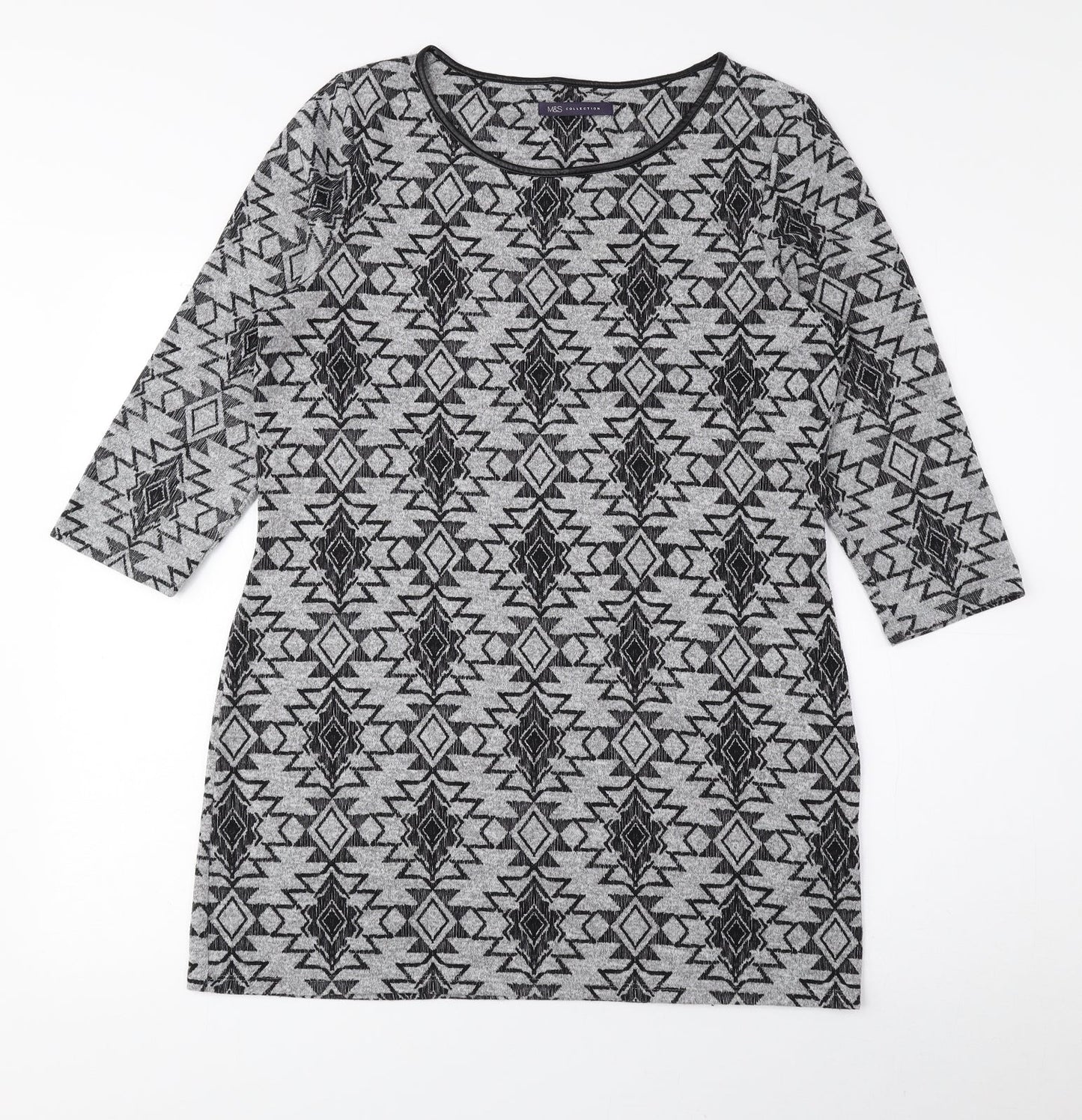 Marks and Spencer Womens Grey Round Neck Geometric Polyester Pullover Jumper Size 14