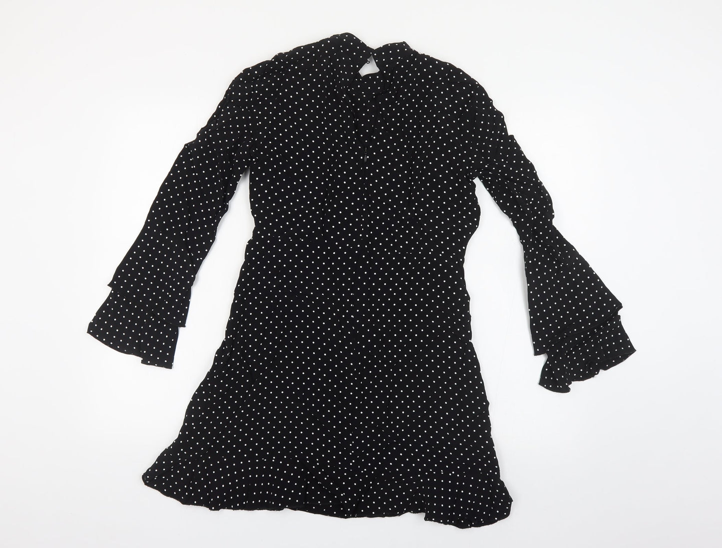 Zara Womens Black Polka Dot Viscose Fit & Flare Size S Mock Neck Zip