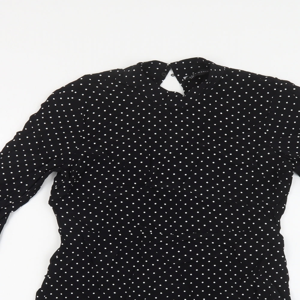 Zara Womens Black Polka Dot Viscose Fit & Flare Size S Mock Neck Zip