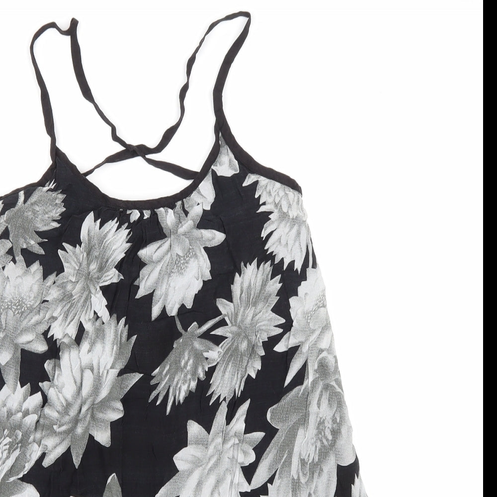 French Connection Womens Black Floral Viscose Basic Tank Size S Scoop Neck