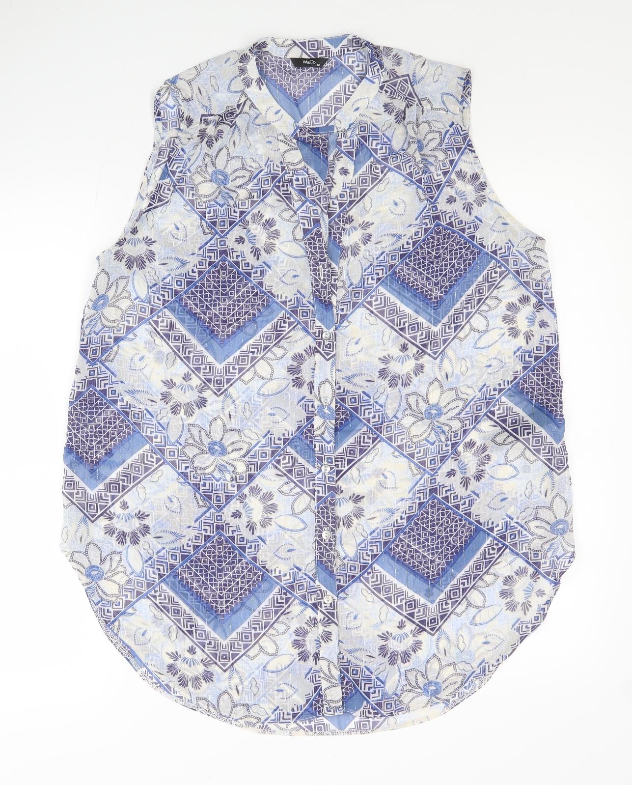 M&Co Womens Blue Geometric Polyester Tunic Button-Up Size 12 V-Neck