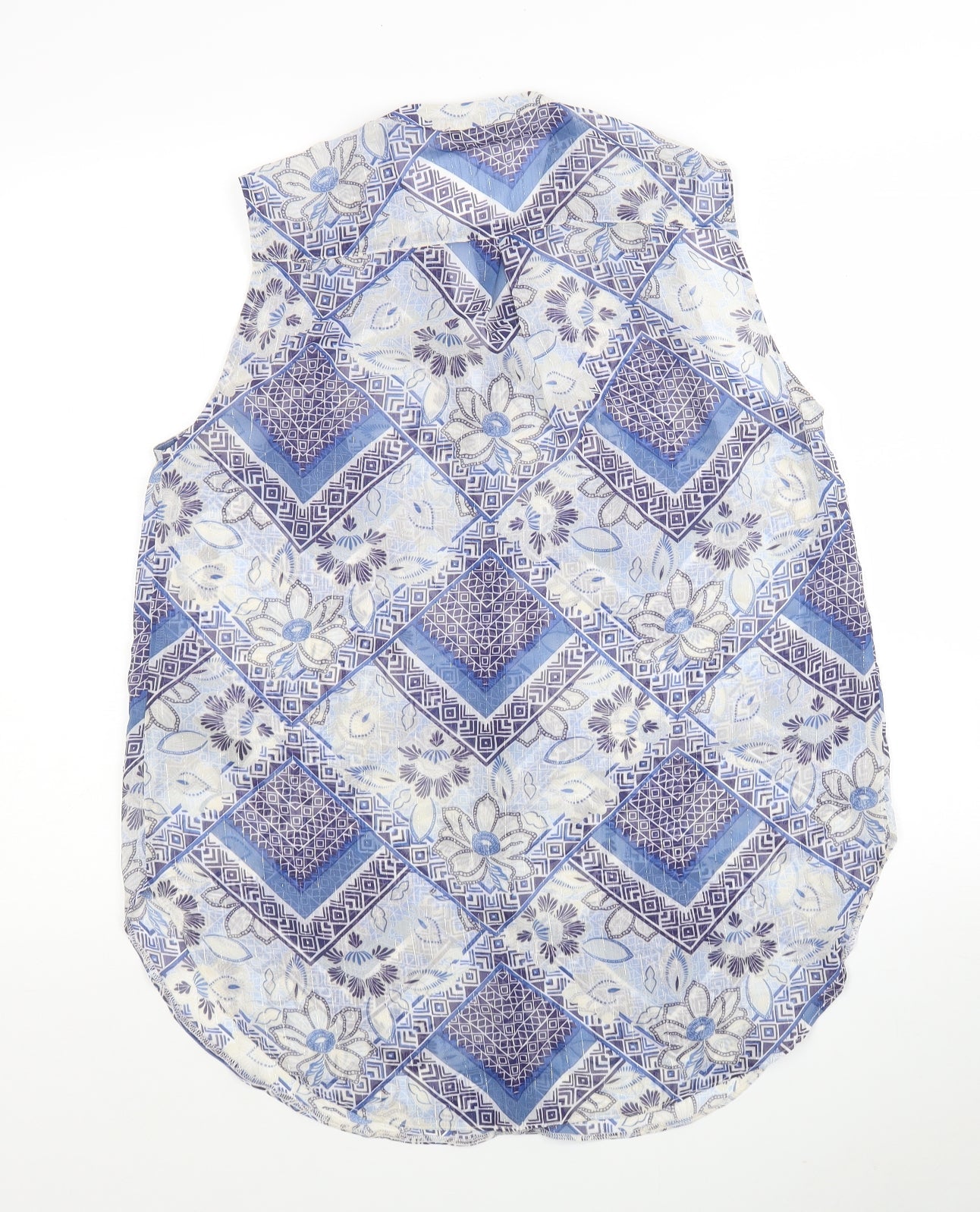 M&Co Womens Blue Geometric Polyester Tunic Button-Up Size 12 V-Neck
