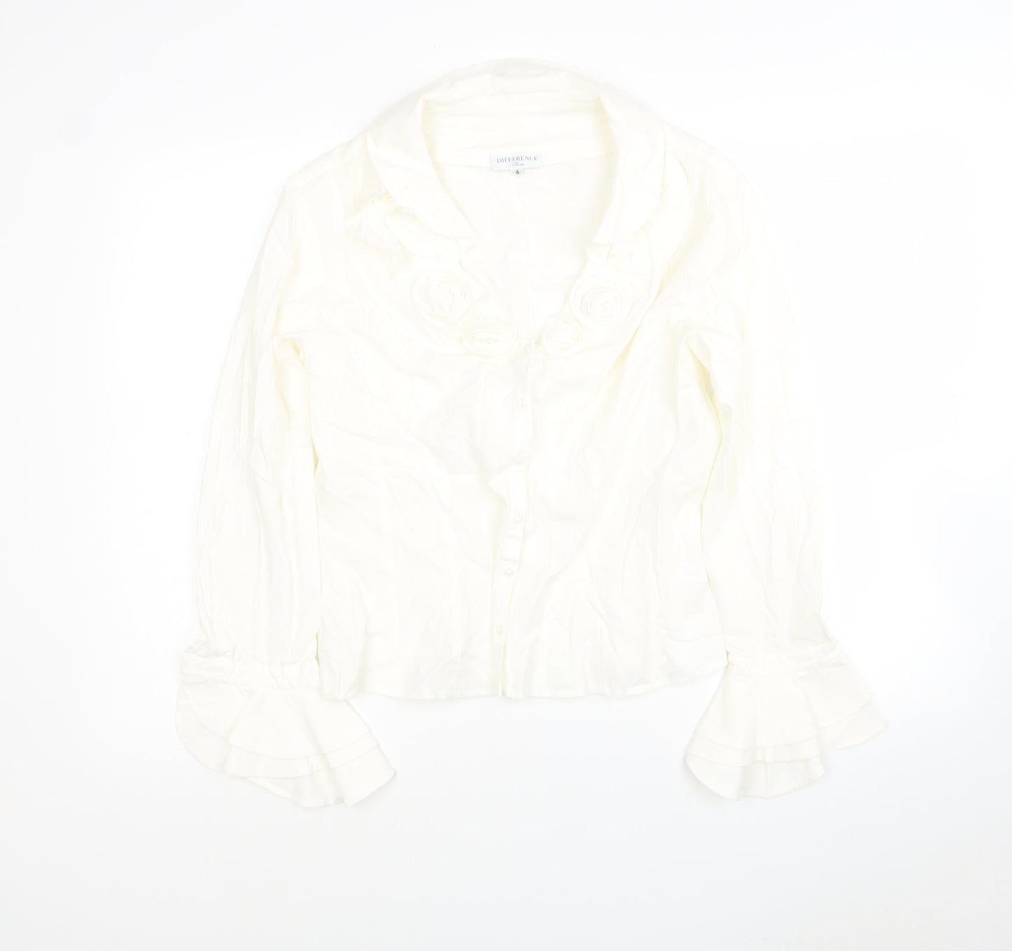 DIFFERENCE Womens White Cotton Jersey Blouse Size 4 Collared - Roses