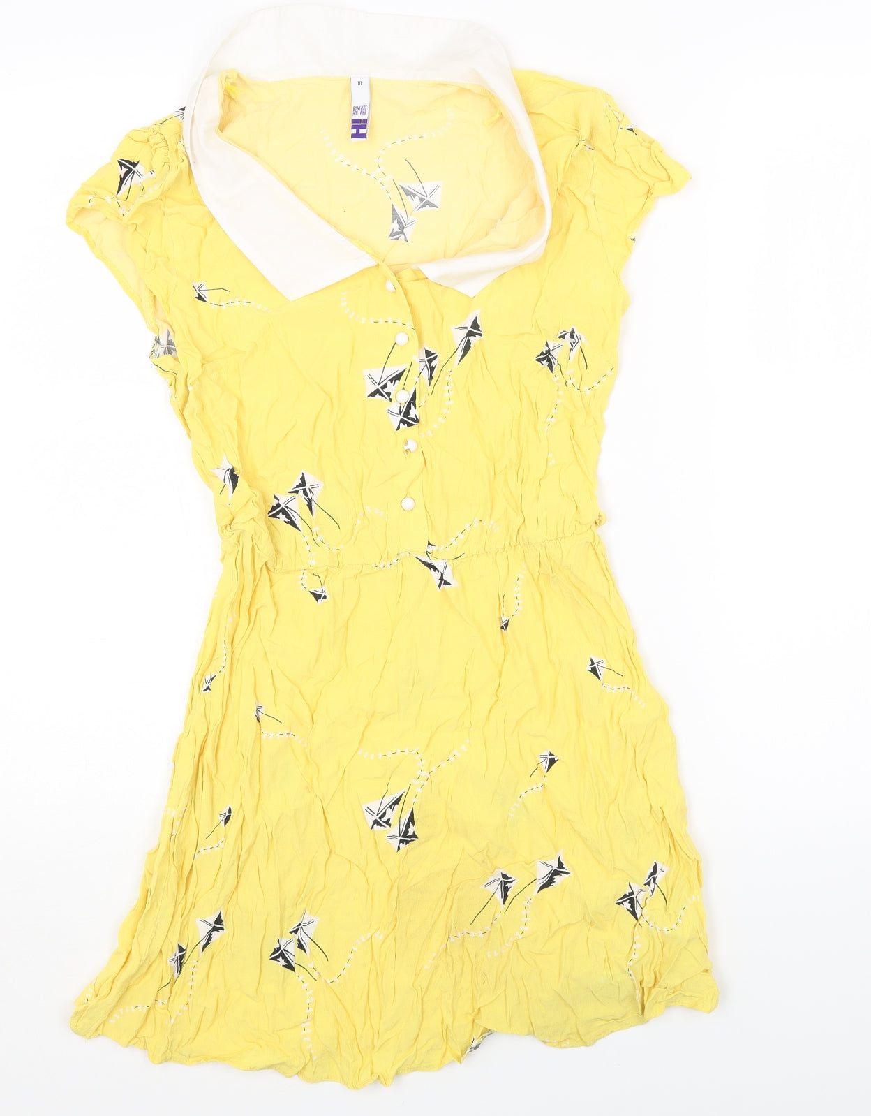 Henry Holland Womens Yellow Geometric Viscose Fit & Flare Size 10 Collared Button - Kite Print