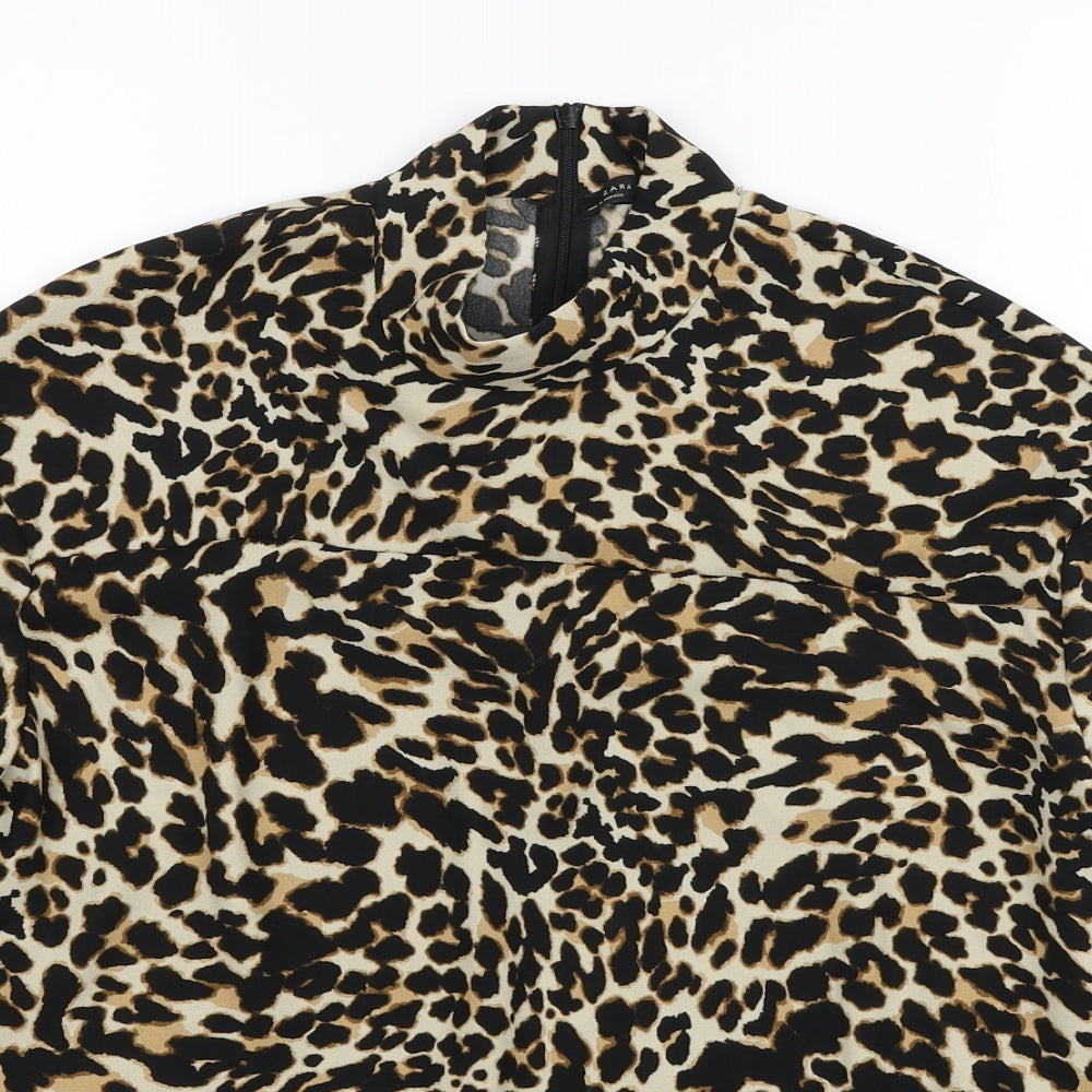 Zara Womens Brown Animal Print Polyester Basic Blouse Size S Mock Neck