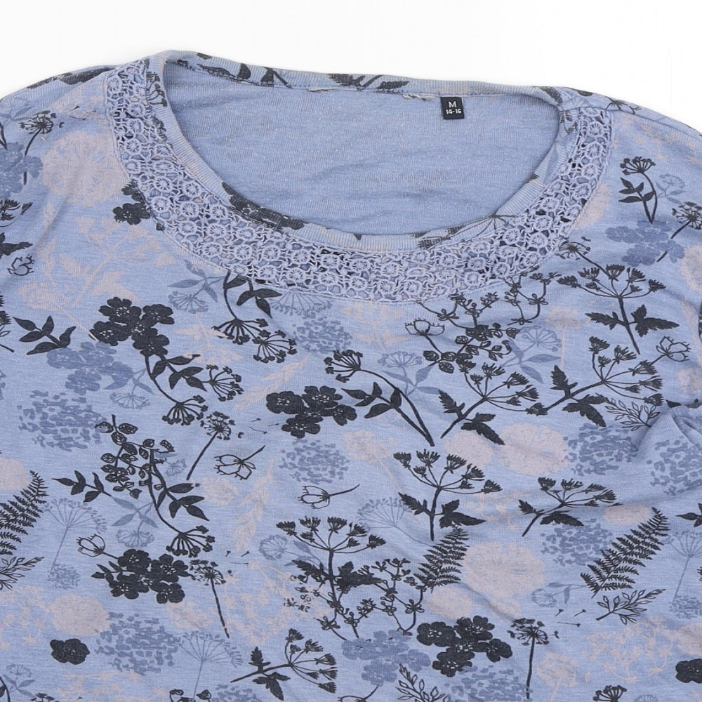 EWM Womens Blue Floral Polyester Basic T-Shirt Size M Round Neck - Lace Neckline