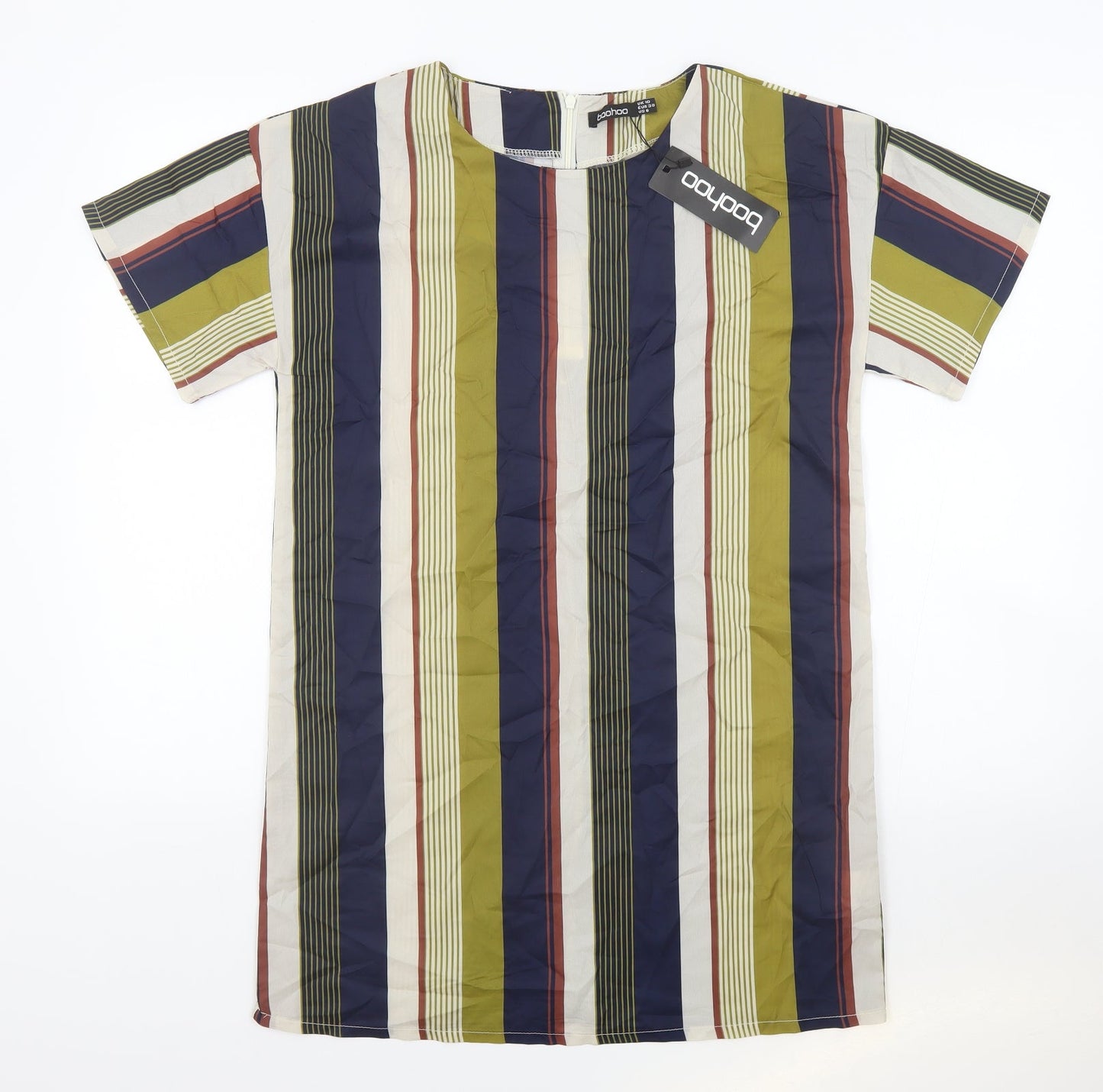 Boohoo Womens Multicoloured Striped Polyester Tunic Blouse Size 10 Round Neck