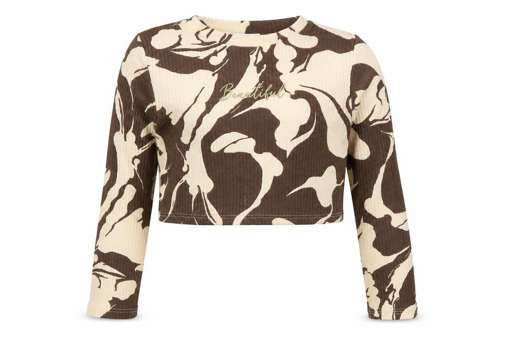 River Island Girls Brown Geometric Cotton Basic T-Shirt Size 7-8 Years Round Neck Pullover - Beautiful
