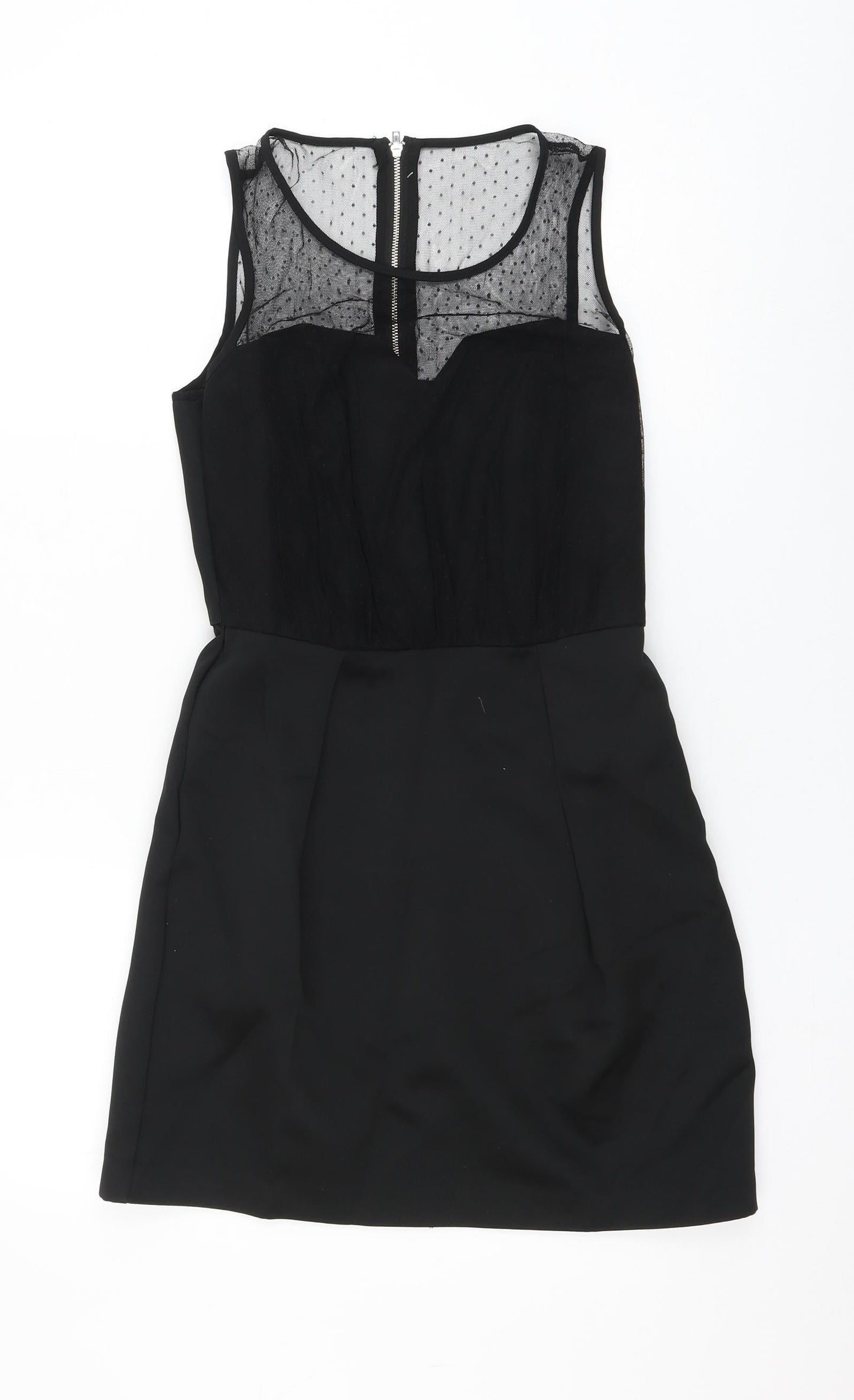 New Look Womens Black Polka Dot Polyester A-Line Size 10 Round Neck Zip