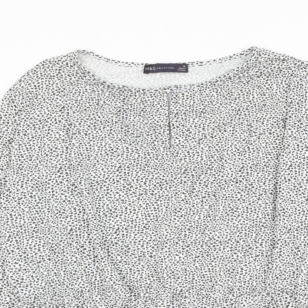 Marks and Spencer Womens White Animal Print Viscose Basic Blouse Size 12 Round Neck - Leopard Print