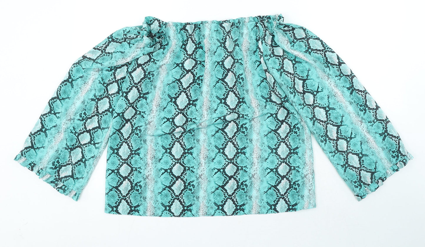 Dorothy Perkins Womens Blue Animal Print Polyester Basic Blouse Size 8 Off the Shoulder - Snake Pattern