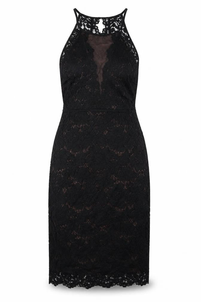 New Look Womens Black Nylon Tank Dress Size 8 Halter Button - Lace Detail