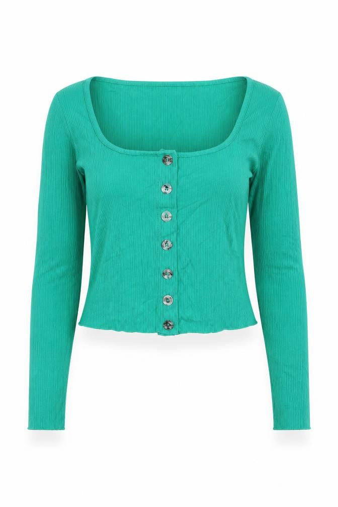 Dunnes Womens Green Polyester Cropped Button-Up Size XS Scoop Neck
