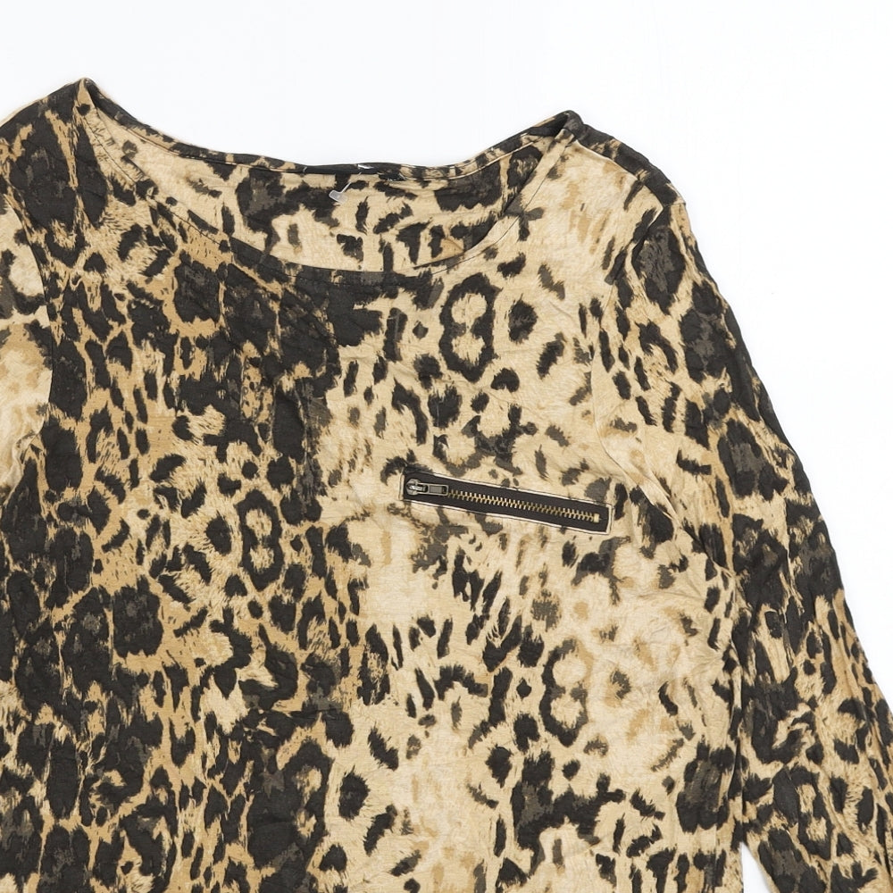 NEXT Womens Brown Animal Print Viscose Basic Blouse Size 12 Boat Neck