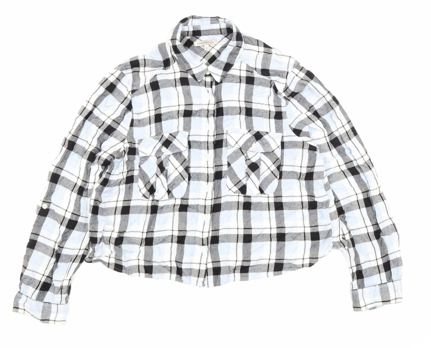 Marks and Spencer Womens Blue Plaid Cotton Cropped Button-Up Size 14 Collared