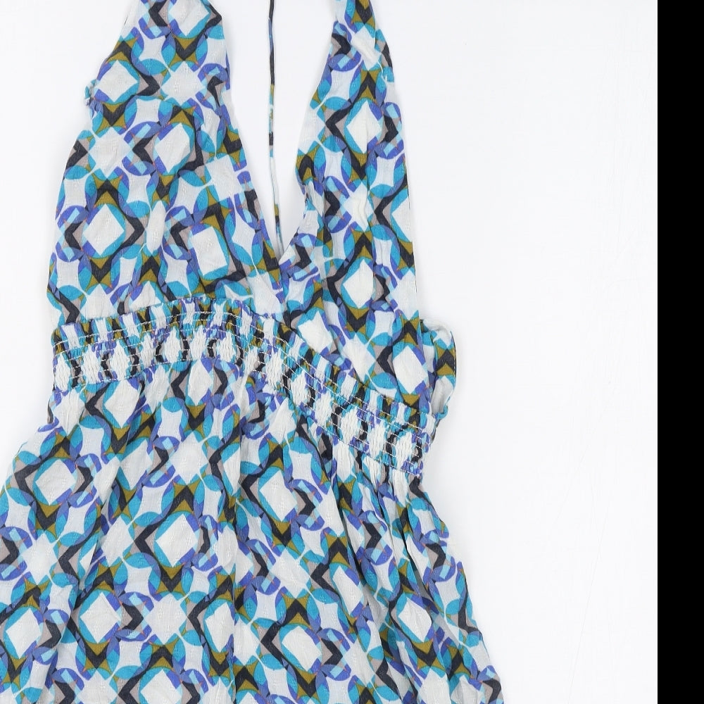 NEXT Womens Blue Geometric Viscose Slip Dress Size 8 V-Neck Drawstring