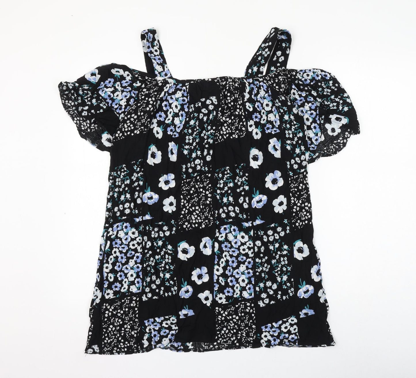 Dorothy Perkins Womens Black Floral Viscose Basic Blouse Size 10 Square Neck