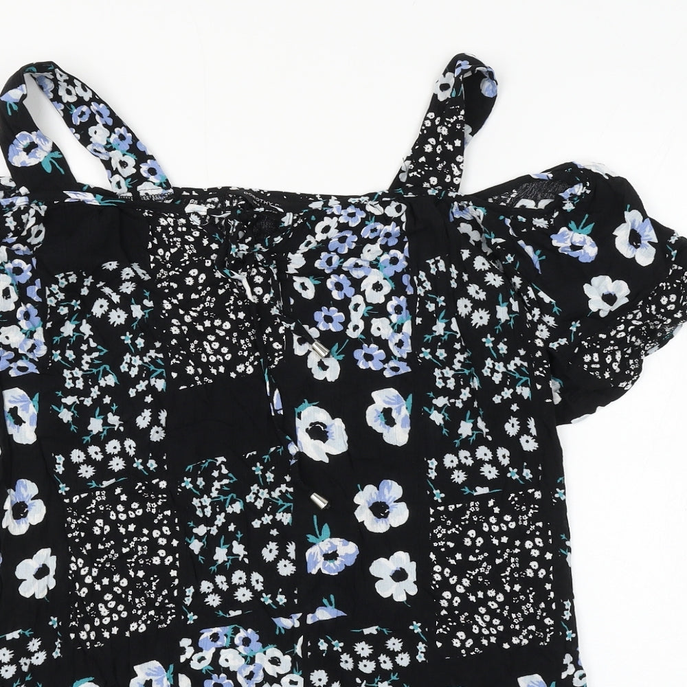 Dorothy Perkins Womens Black Floral Viscose Basic Blouse Size 10 Square Neck