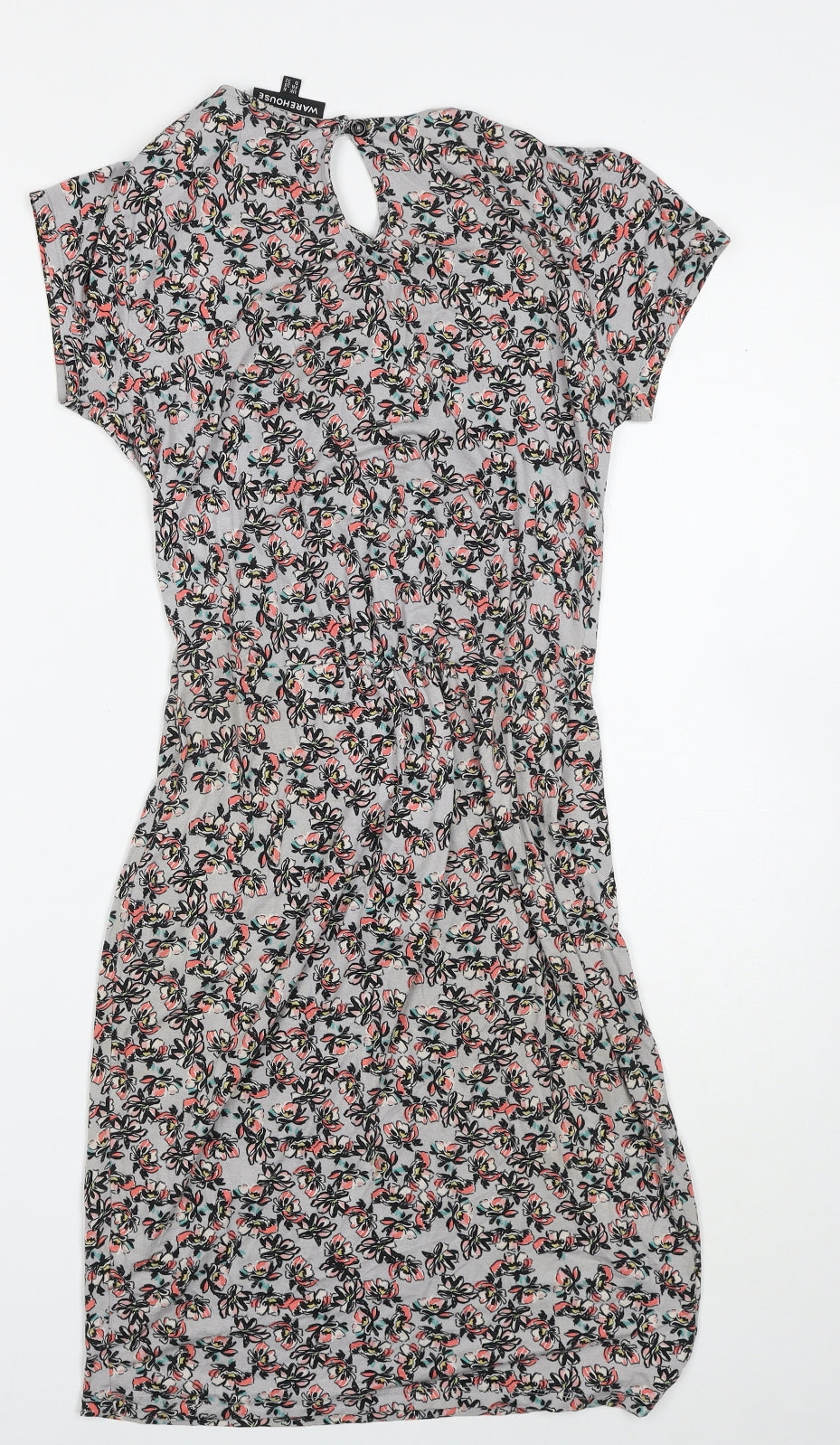 Warehouse Womens Grey Floral Viscose Bodycon Size 6 Scoop Neck Button