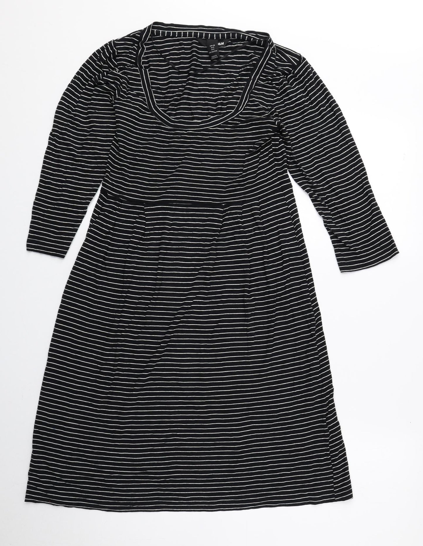 H&M Womens Black Striped Rayon T-Shirt Dress Size 8 Scoop Neck Pullover