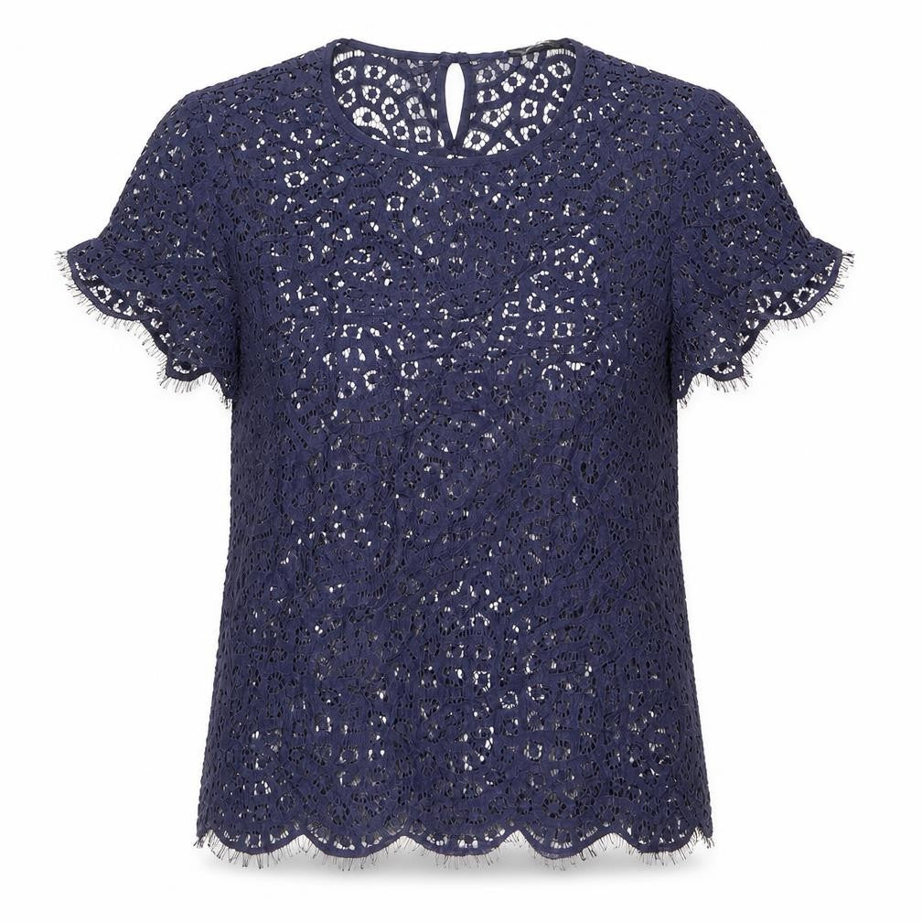 Marks and Spencer Womens Blue Geometric Cotton Basic Blouse Size 12 Round Neck - See-through. Lace